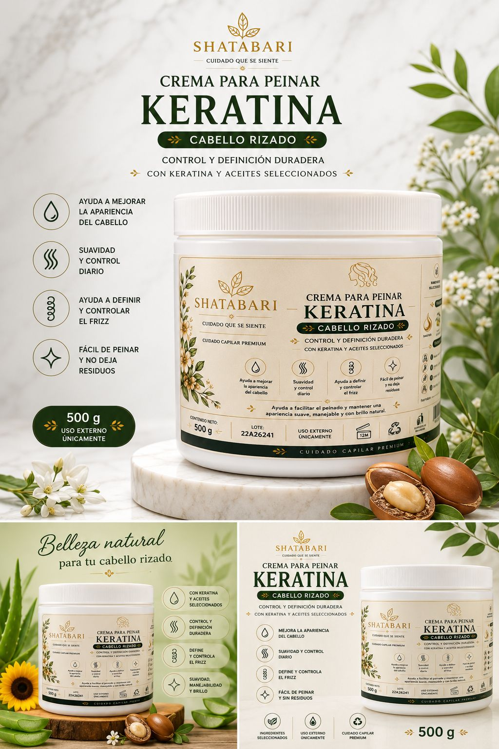 Crema para Peinar Keratina - Cabello Rizado 500 GR